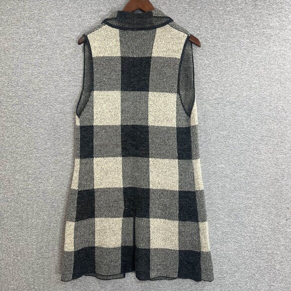 Monteau Knitted Vest Women Size M Black Plaid Mid Length Pockets Collared - Picture 11 of 11